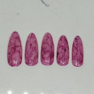 Custom Gel press on nails 20pc set pink marbled reflective sparkle